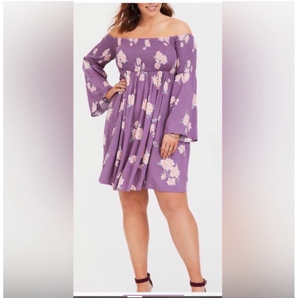 Torrid Women Size 2X Floral Smocked Bell Sleeve Midi Purple Dress 11630661